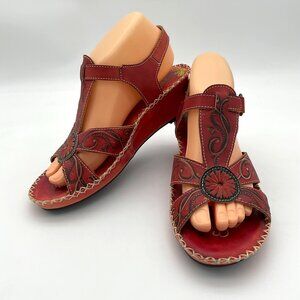 Spring Step L'ARTISTE Dinora Red Floral Wedge Stitched Imprinted Sandal  39/8.5